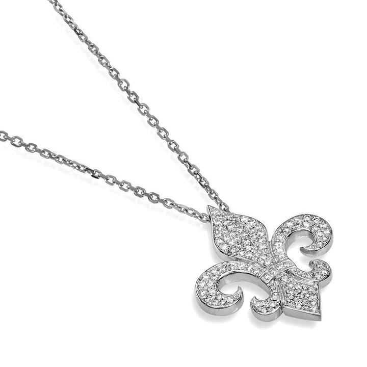 Large Diamond Fleur De Lis Pendant and Chain in 14K White Gold