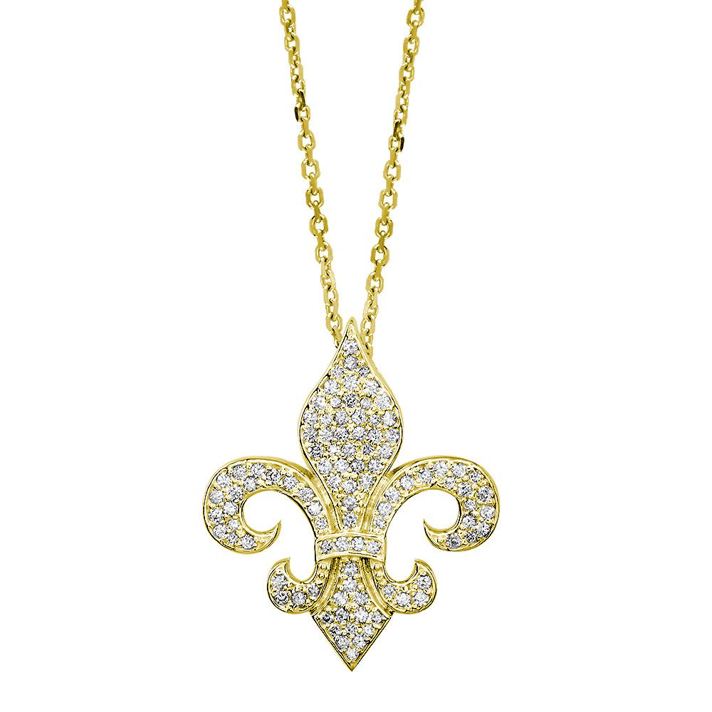 Large Diamond Fleur De Lis Pendant and Chain in 14K Yellow Gold