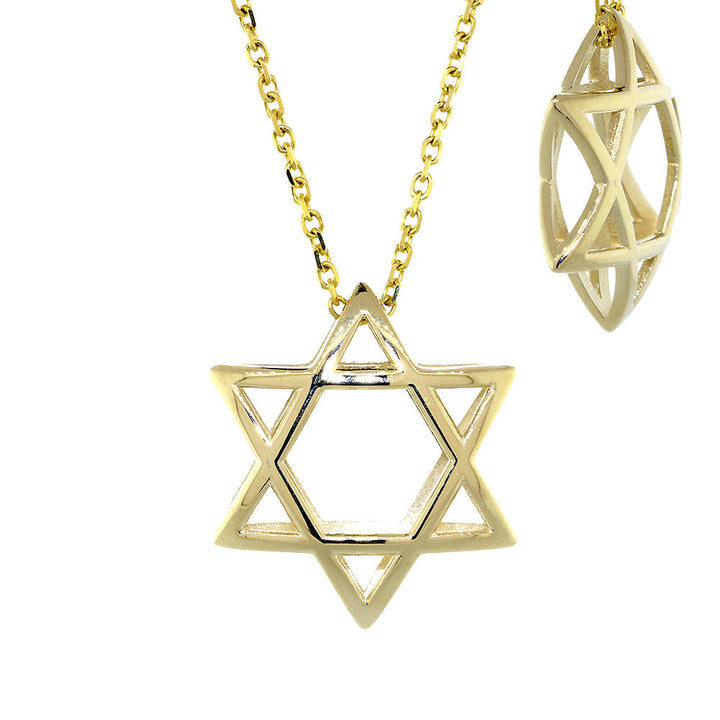 21mm 3D Open Domed Jewish Star of David Charm and 16 Inch Chain in 14k Yellow Gold
