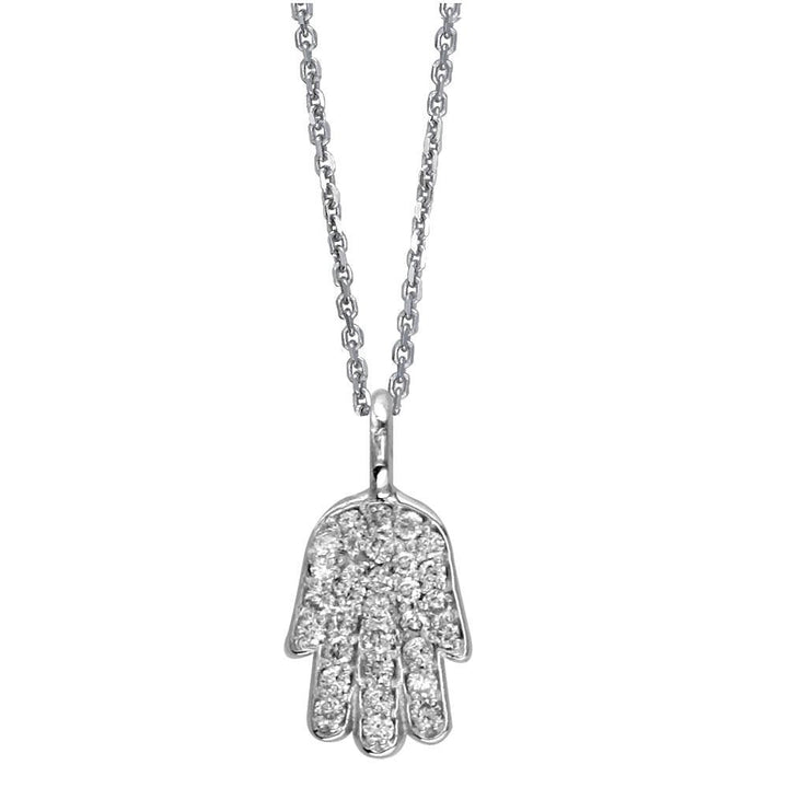 Mini Diamond Hamsa Version 2, Hand of God Charm and Chain, 0.15CT in 14K White Gold