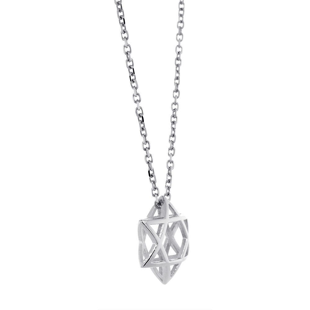 13mm 3D Open Domed Jewish Star of David Charm and 16 Inch Chain in 14k White Gold