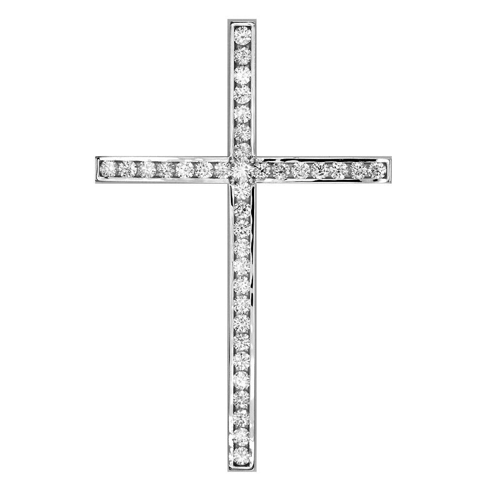 Huge Single Row Diamond Cross Pendant, 3.05CT in 14K White Gold