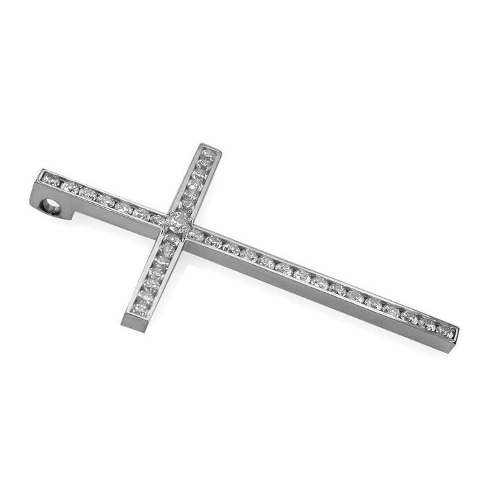 Huge Single Row Diamond Cross Pendant, 3.05CT in 14K White Gold