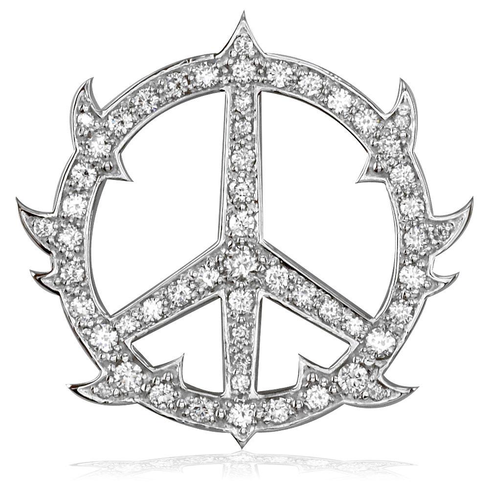 Large Diamond Guarded Peace Sign Charm, 1.75CT, 1 1/4 Inch in 14K White Gold
