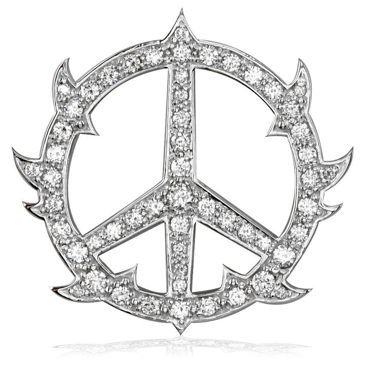 Large Diamond Guarded Peace Sign Charm, 1.75CT, 1 1/4 Inch in 14K White Gold