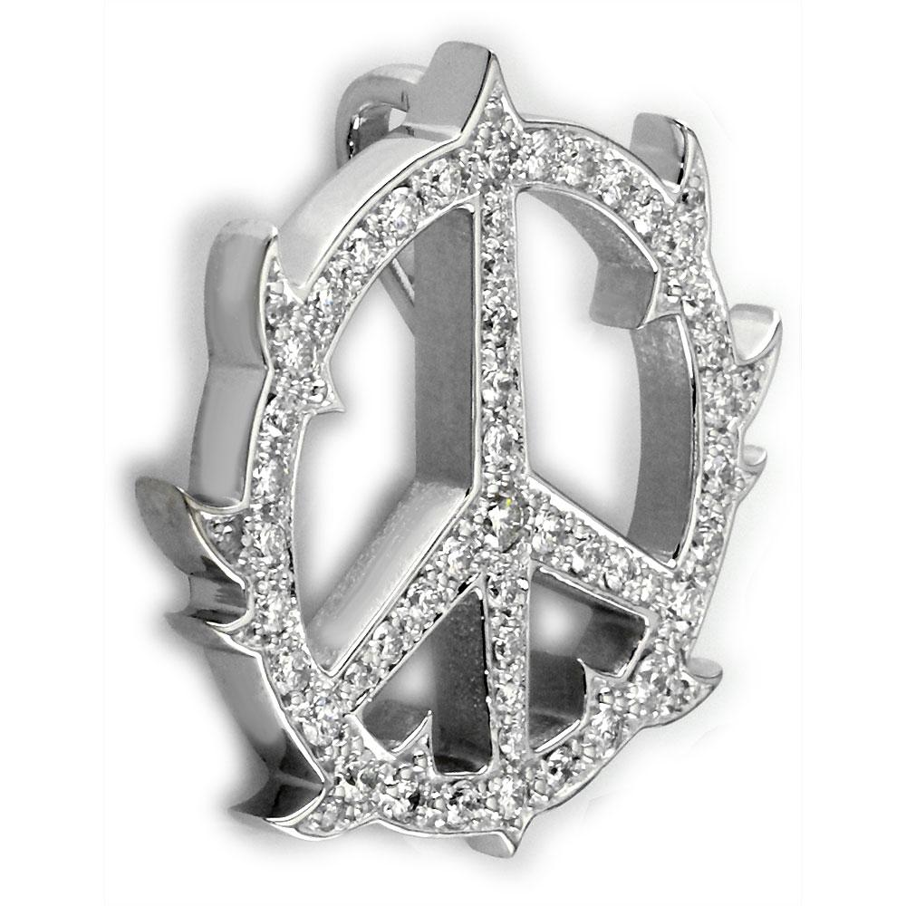 Large Diamond Guarded Peace Sign Charm, 1.75CT, 1 1/4 Inch in 14K White Gold