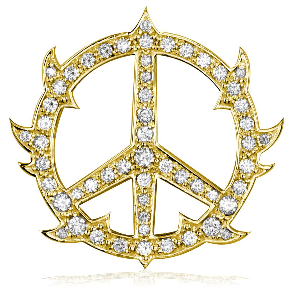 Large Diamond Guarded Peace Sign Charm, 1.75CT, 1 1/4 Inch in 14K Yellow Gold