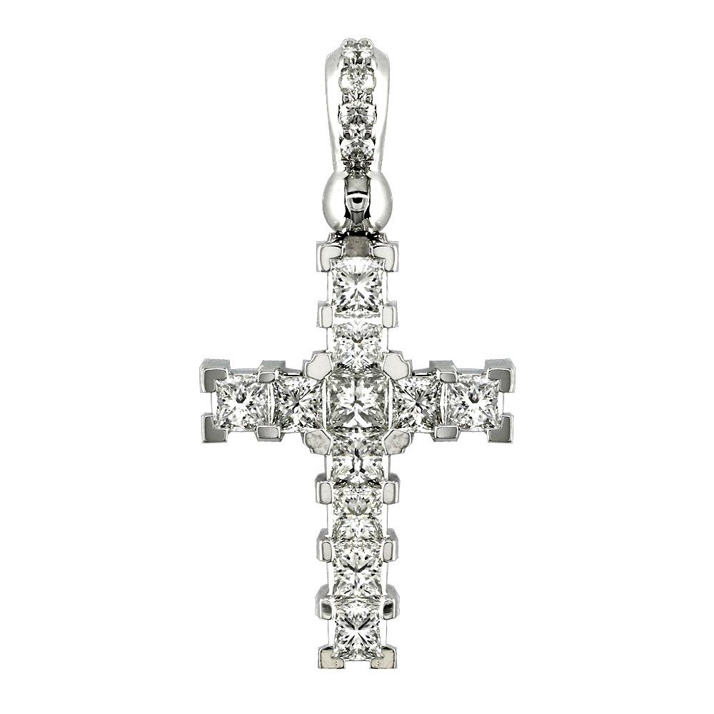 Diamond Cross Pendant with Princess Cuts, 1.60CT in 14K White Gold