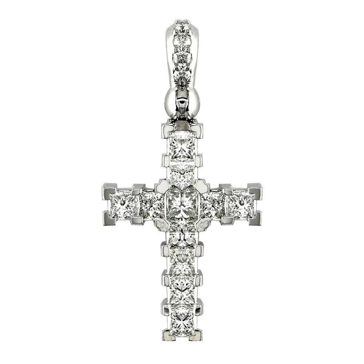 Diamond Cross Pendant with Princess Cuts, 1.60CT in 14K White Gold