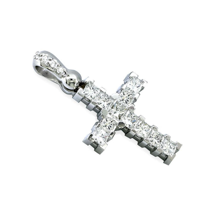 Diamond Cross Pendant with Princess Cuts, 1.60CT in 14K White Gold