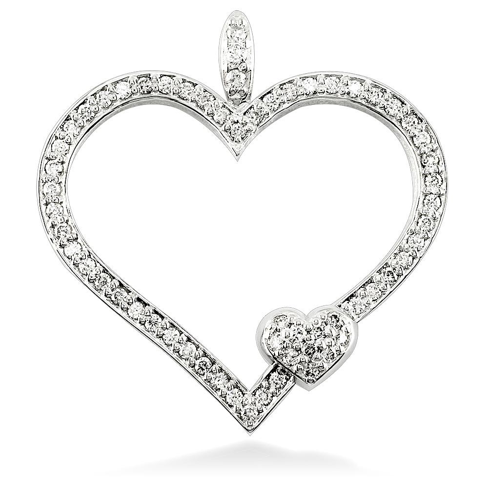Large Mothers Love Diamond Heart Pendant with One Child Heart in 14K White Gold