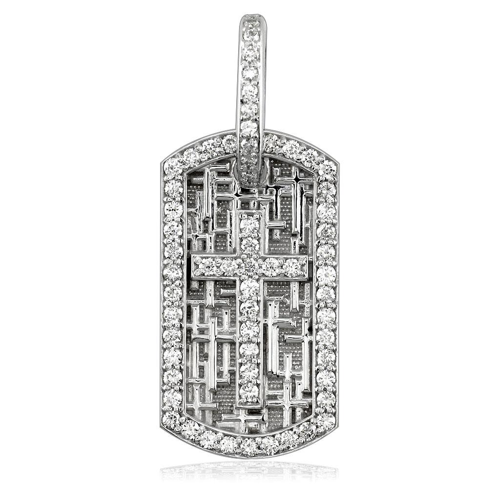 Diamond Cross Dog Tag Pendant with Scattered Cross Texture in 14K White Gold