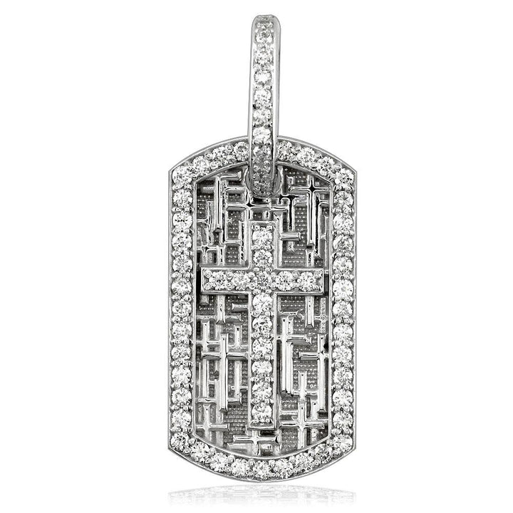 Diamond Cross Dog Tag Pendant with Scattered Cross Texture in 14K White Gold