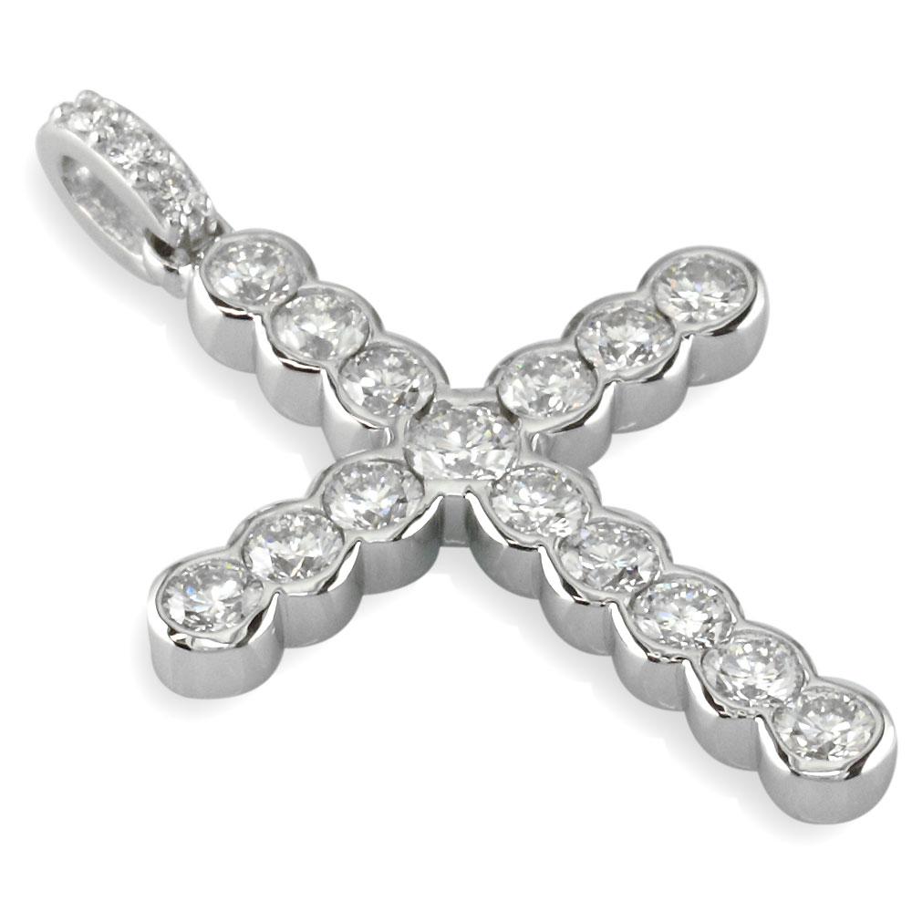 Diamond Cross Pendant with Bezel Settings, 2.07CT in 14K White Gold