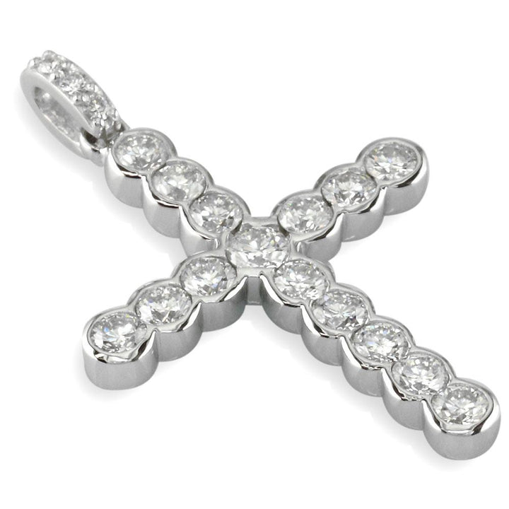 Diamond Cross Pendant with Bezel Settings, 2.07CT in 14K White Gold