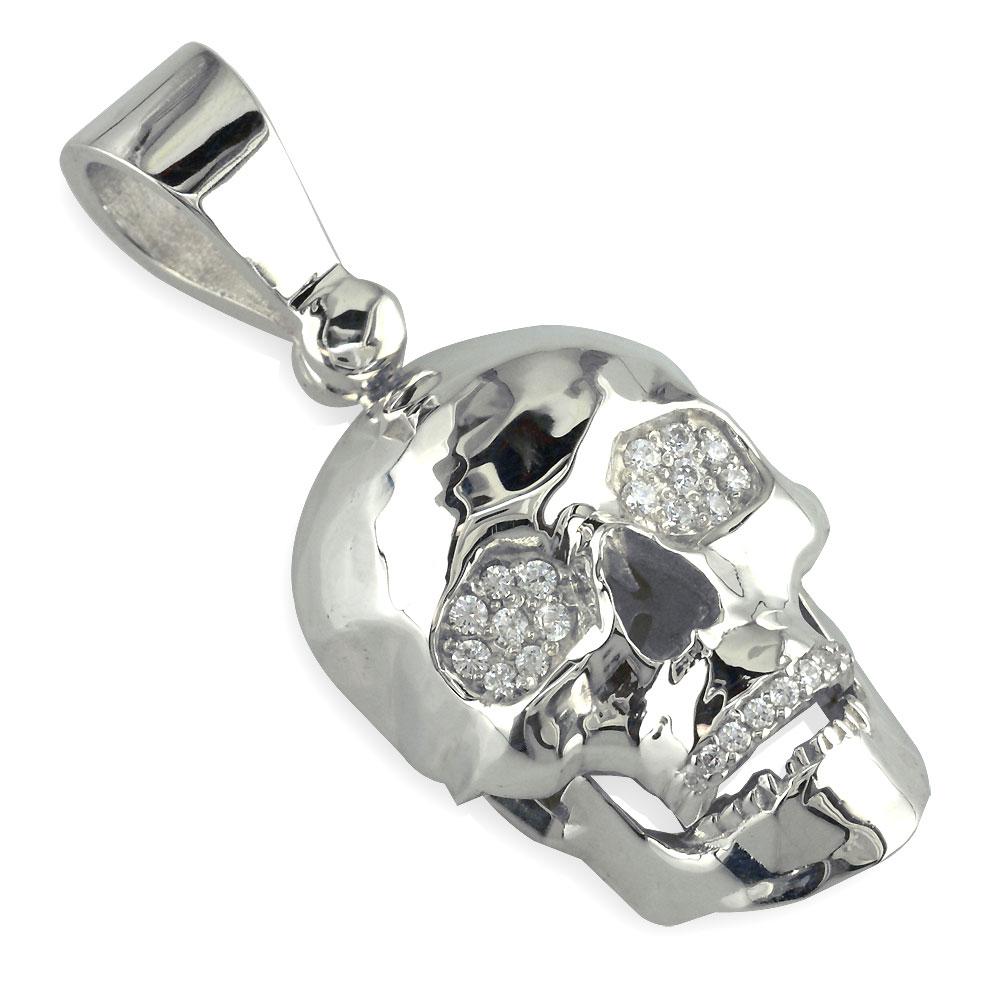 Large Skull Pendant with Cubic Zirconia in Sterling Silver