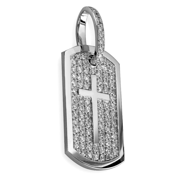 Cross Dog Tag Pendant with Cubic Zirconias in Sterling Silver