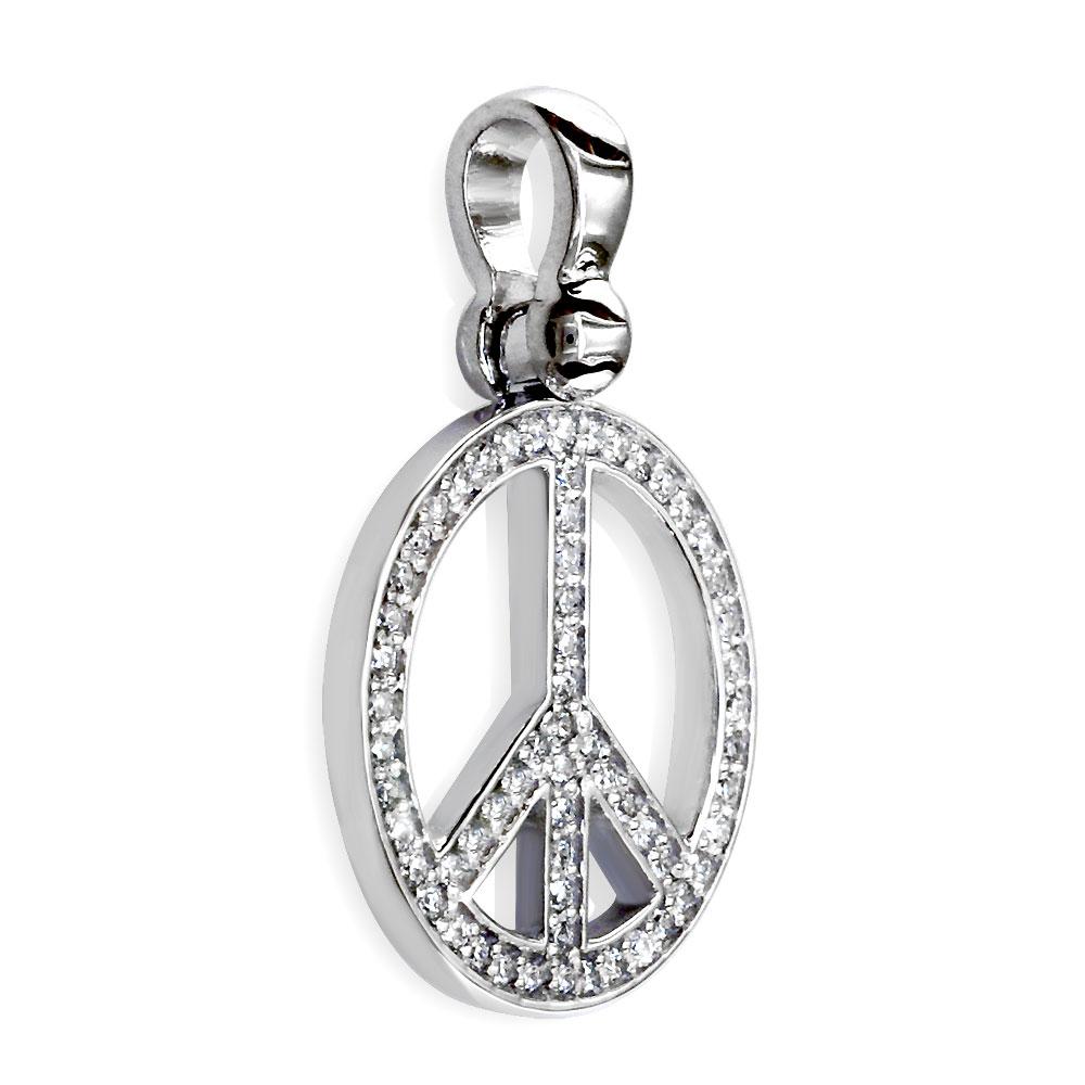 Medium Diamond Peace Sign Charm, 0.50CT, 3/4 Inch in 14K White Gold