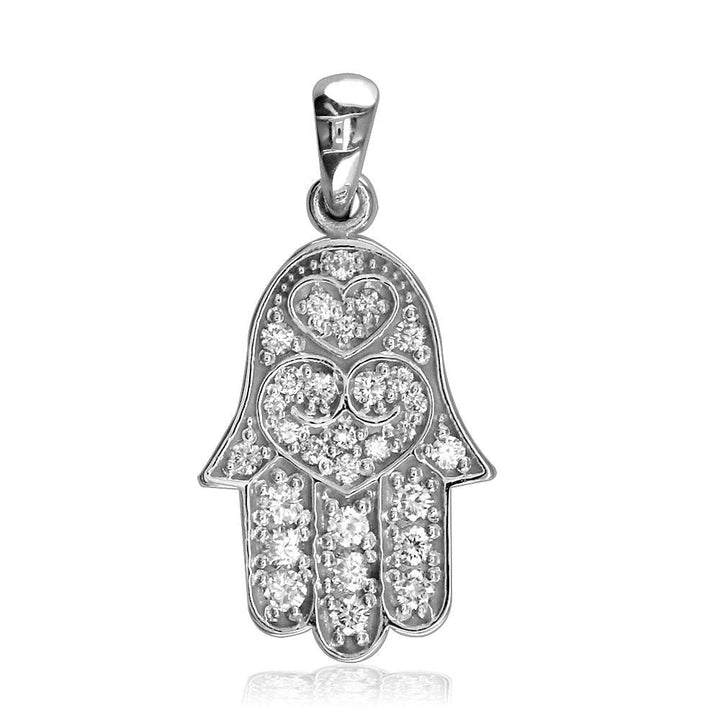 Medium Hamsa Hand of God Charm in Sterling Silver set with Cubic Zirconias