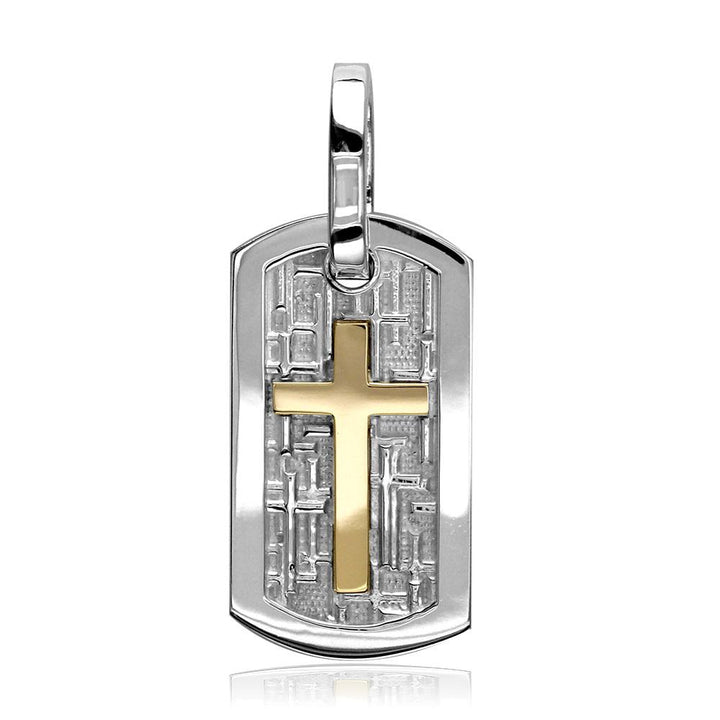 Smaller Size Cross Dog Tag Pendant with Crosses Background in 14k Yellow Gold and Sterling Silver