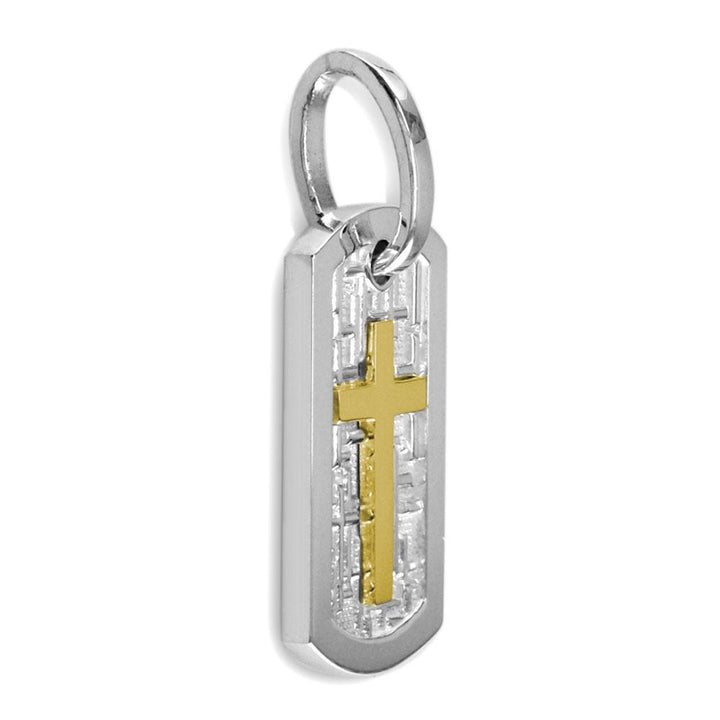 Smaller Size Cross Dog Tag Pendant with Crosses Background in 14K White and Yellow Gold