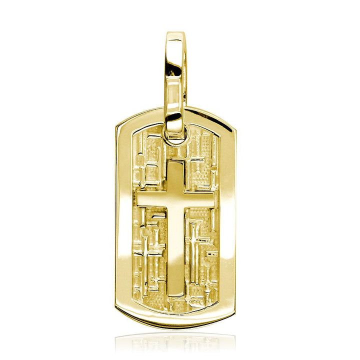 Smaller Size Cross Dog Tag Pendant with Crosses Background in 14K Yellow Gold