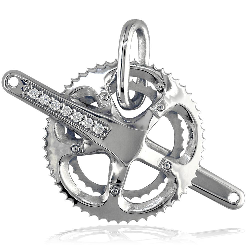 Extra Large Bicycle Crank Pendant with Cubic Zirconias, Bike Sprocket Wheel in Sterling Silver