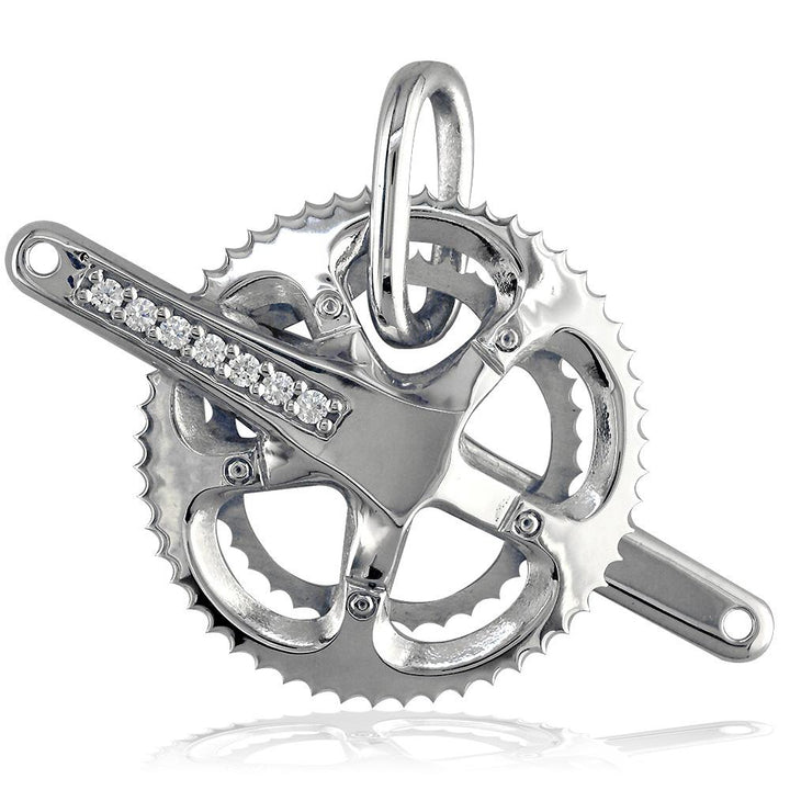 Extra Large Bicycle Crank Pendant with Cubic Zirconias, Bike Sprocket Wheel in Sterling Silver