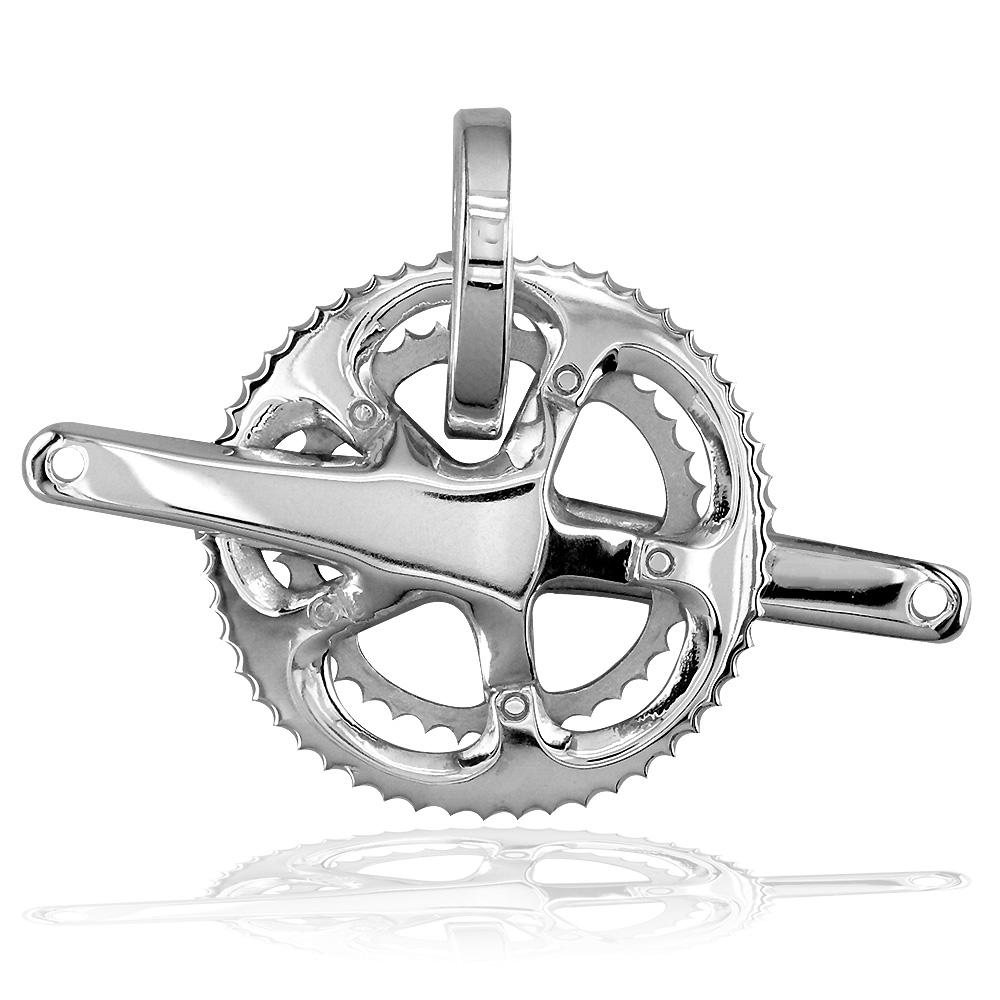 Extra Large Bicycle Crank Pendant, Bike Sprocket Wheel in 14K White Gold