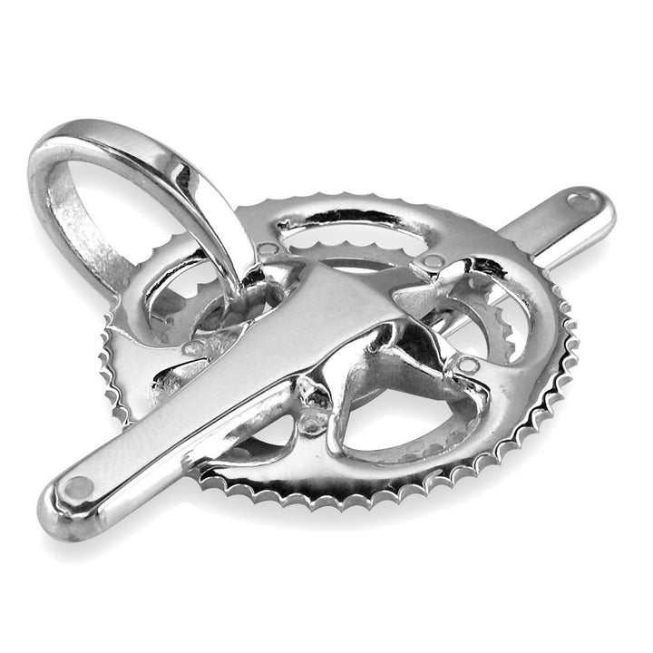 Extra Large Bicycle Crank Pendant, Bike Sprocket Wheel in 14K White Gold