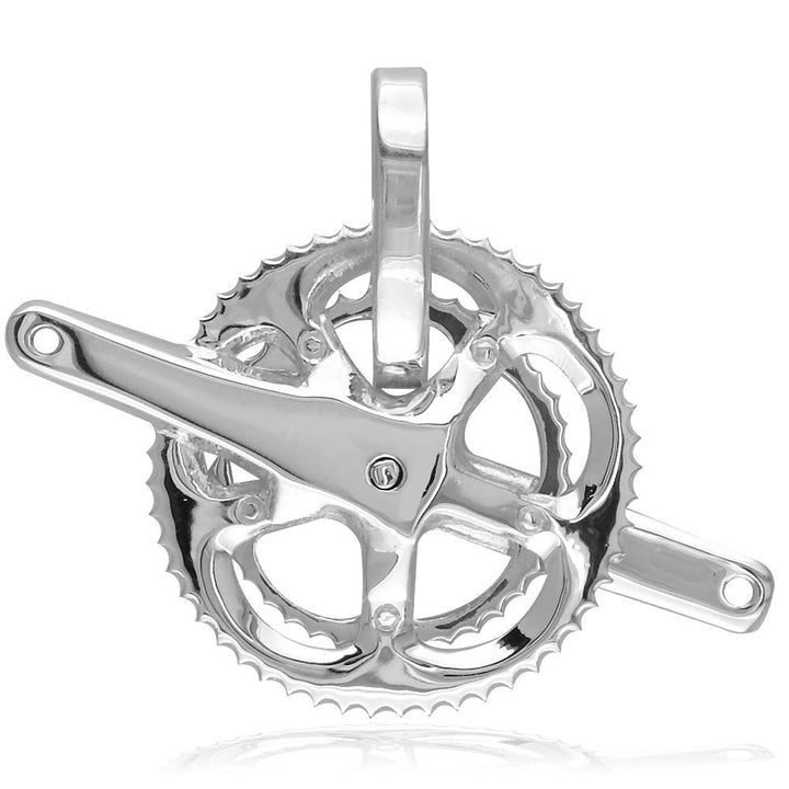 Large Bicycle Crank Pendant, Bike Sprocket Wheel in 14K White Gold