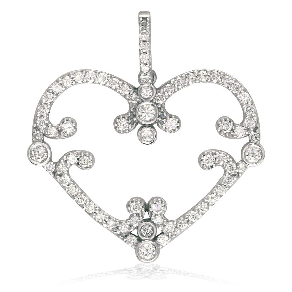 Vintage Style Open Diamond Heart Pendant, 1.08CT in 14K White Gold
