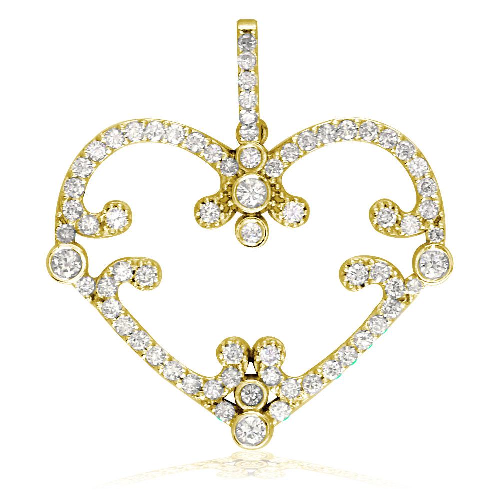 Vintage Style Open Diamond Heart Pendant, 1.08CT in 14K Yellow Gold