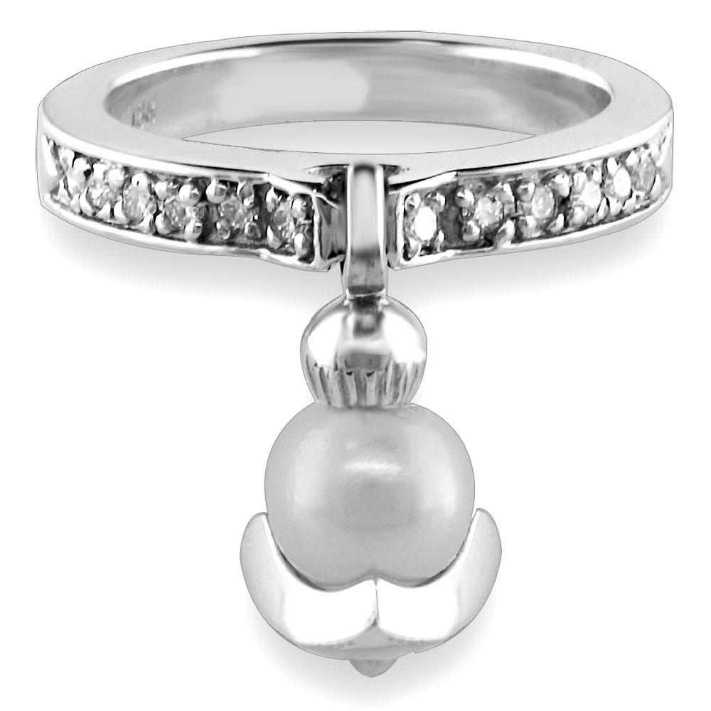 Dangling Pearl Charm Ring with Diamonds, 6.5mm Pearl, 0.15CT in 14K White Gold