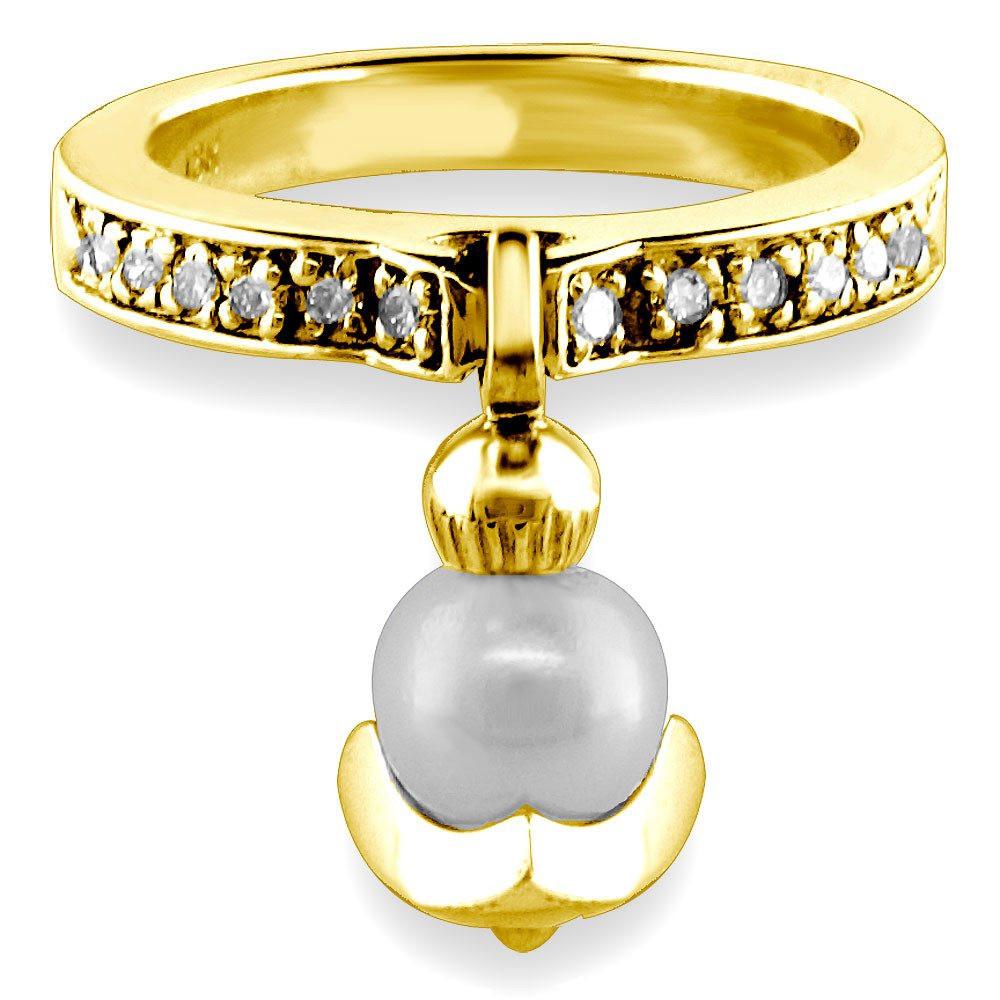 Dangling Pearl Charm Ring with Diamonds, 6.5mm Pearl, 0.15CT in 14K Yellow Gold