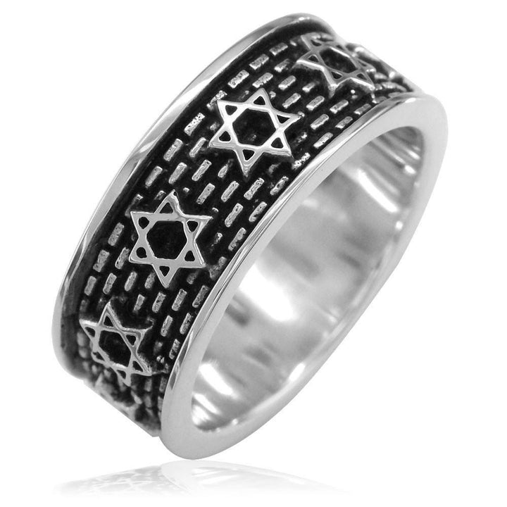 Jewish Star Of David and Brick Wall Ring in Sterling Silver with Black