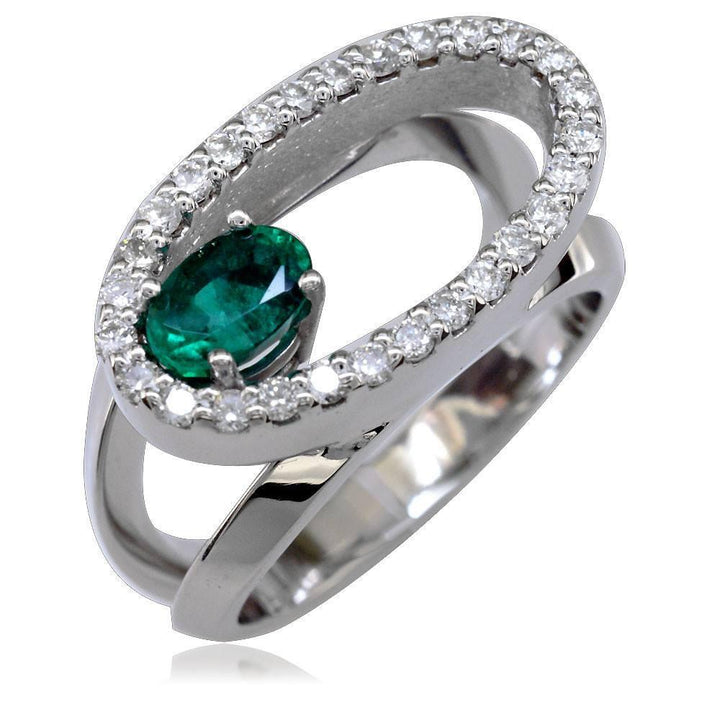 Large 14K Gold Open Oval Diamond and Emerald Halo Ring with Split Sides