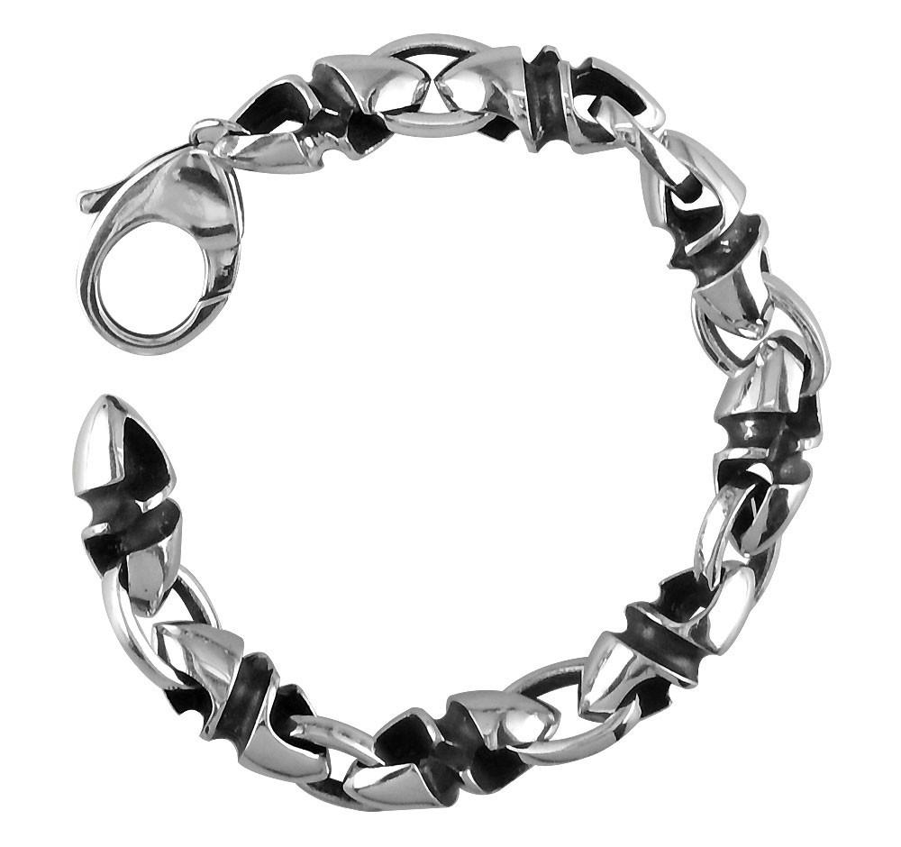 Mens Large Twisted Bullet Link Bracelet in Sterling Silver with Black