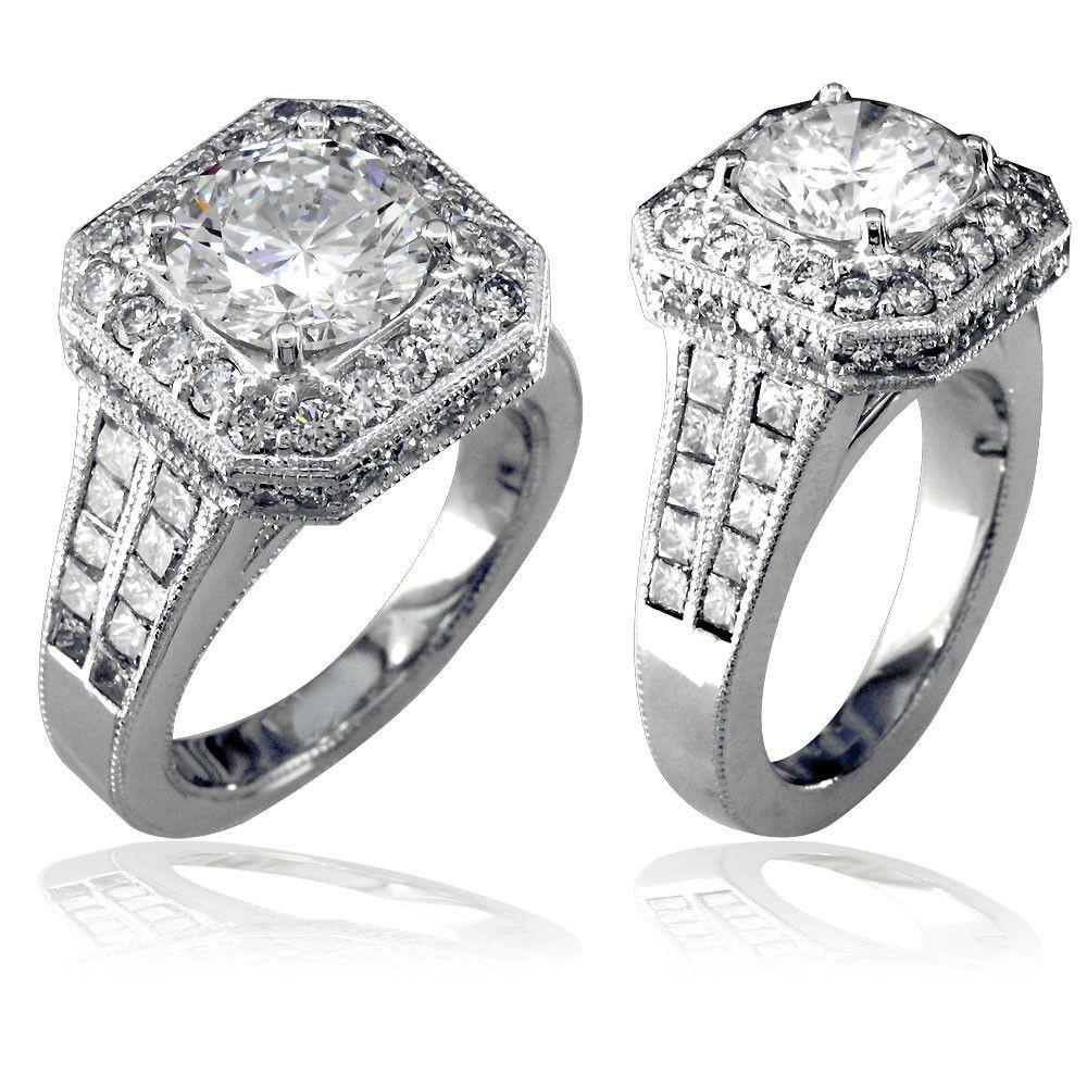 Round Diamond Halo Engagement Ring Setting in 14K White Gold, 1.6CT