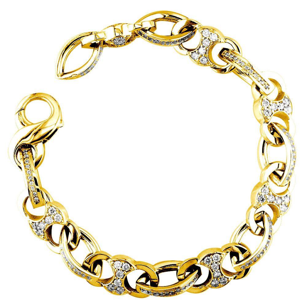 Diamond Cuff Link Bracelet with Diamond Marquise Connectors, 5.26CT in 14k Yellow Gold