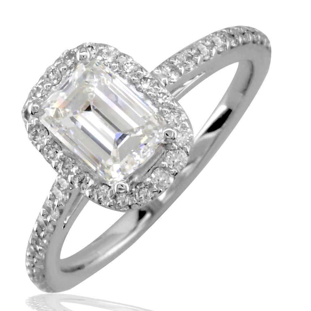 Emerald Cut Diamond Halo Engagement Ring Setting in 14K White Gold, 0.40CT