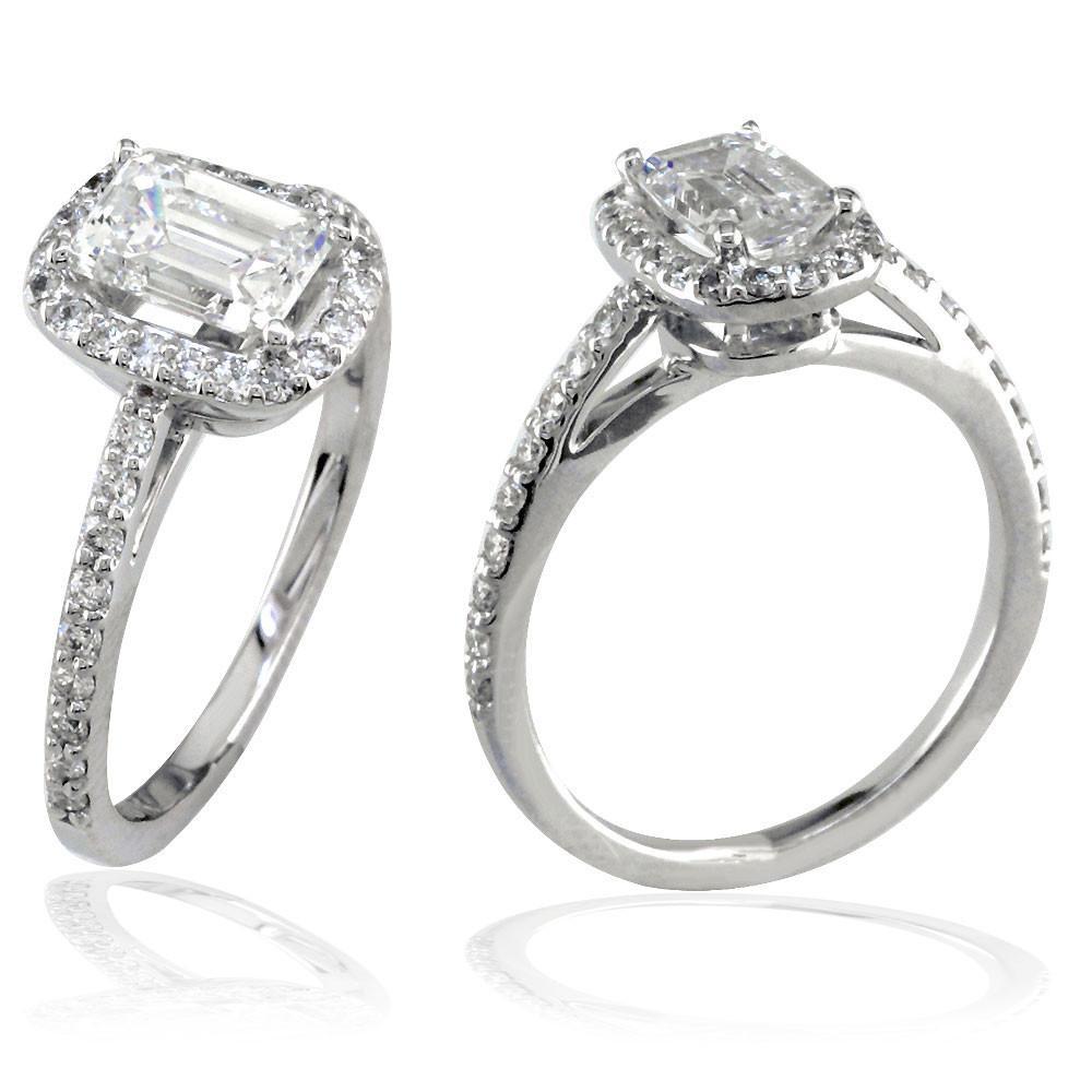 Emerald Cut Diamond Halo Engagement Ring Setting in 14K White Gold, 0.40CT