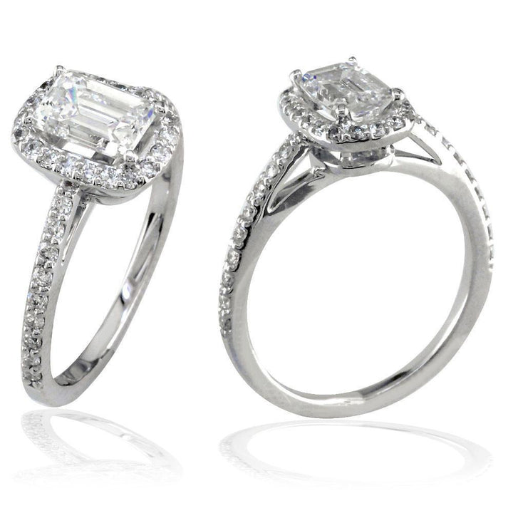 Emerald Cut Diamond Halo Engagement Ring Setting in 14K White Gold, 0.40CT