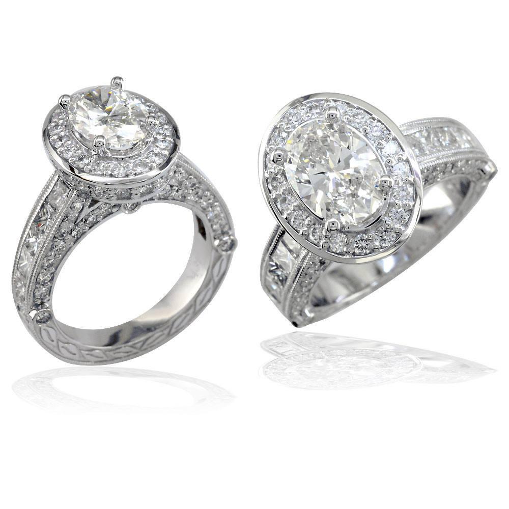 Oval Diamond Halo Engagement Ring Setting, 1.75CT Sides in 14k White Gold