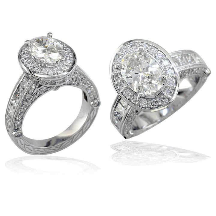 Oval Diamond Halo Engagement Ring Setting, 1.75CT Sides in 14k White Gold