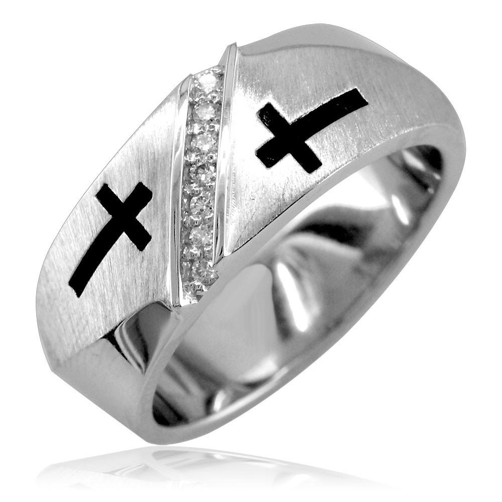 Mens Diamond Band with Black Crosses in 14K