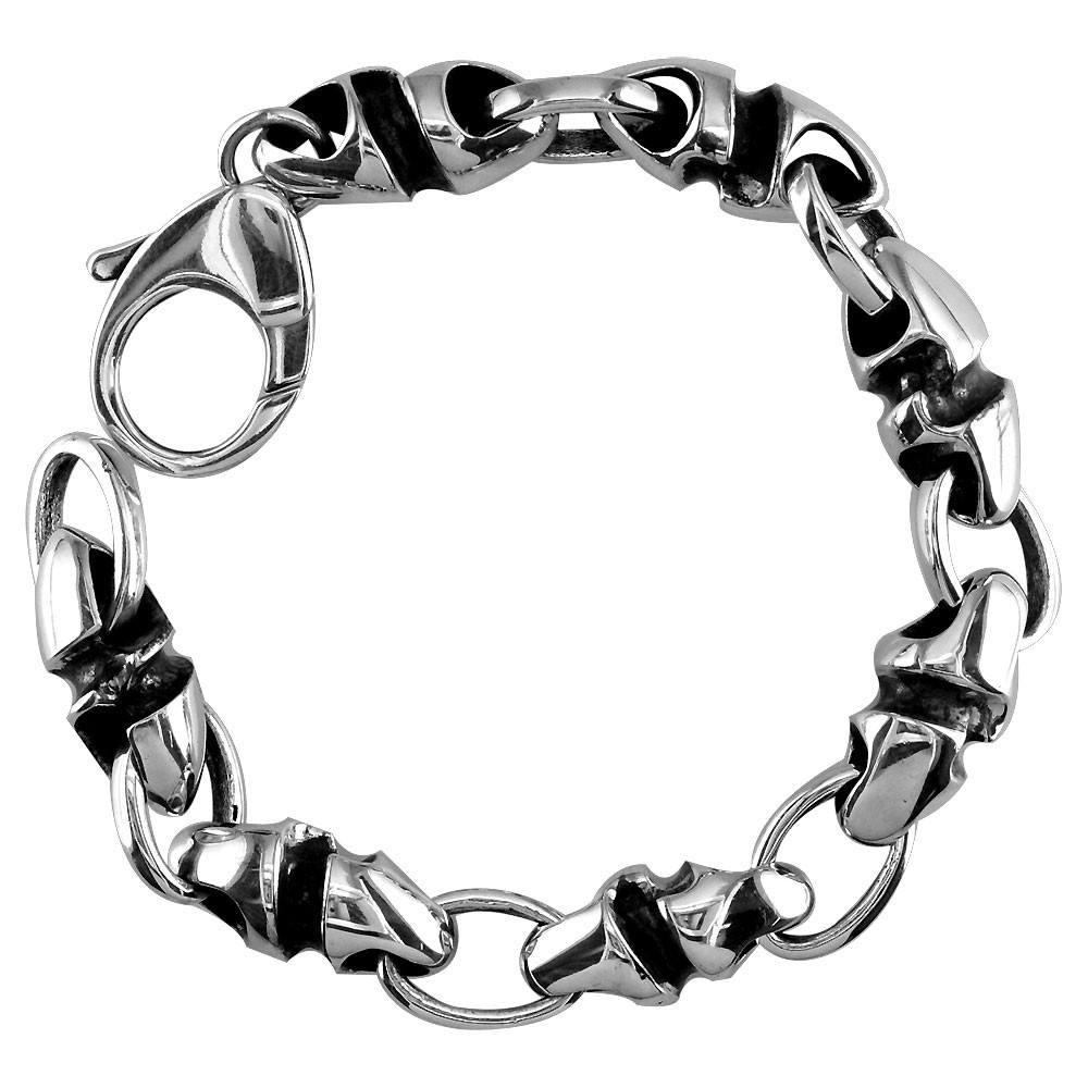 Mens Large Link Size Twisted Bullet and Open Oval Links Sterling Silver Bracelet with Black