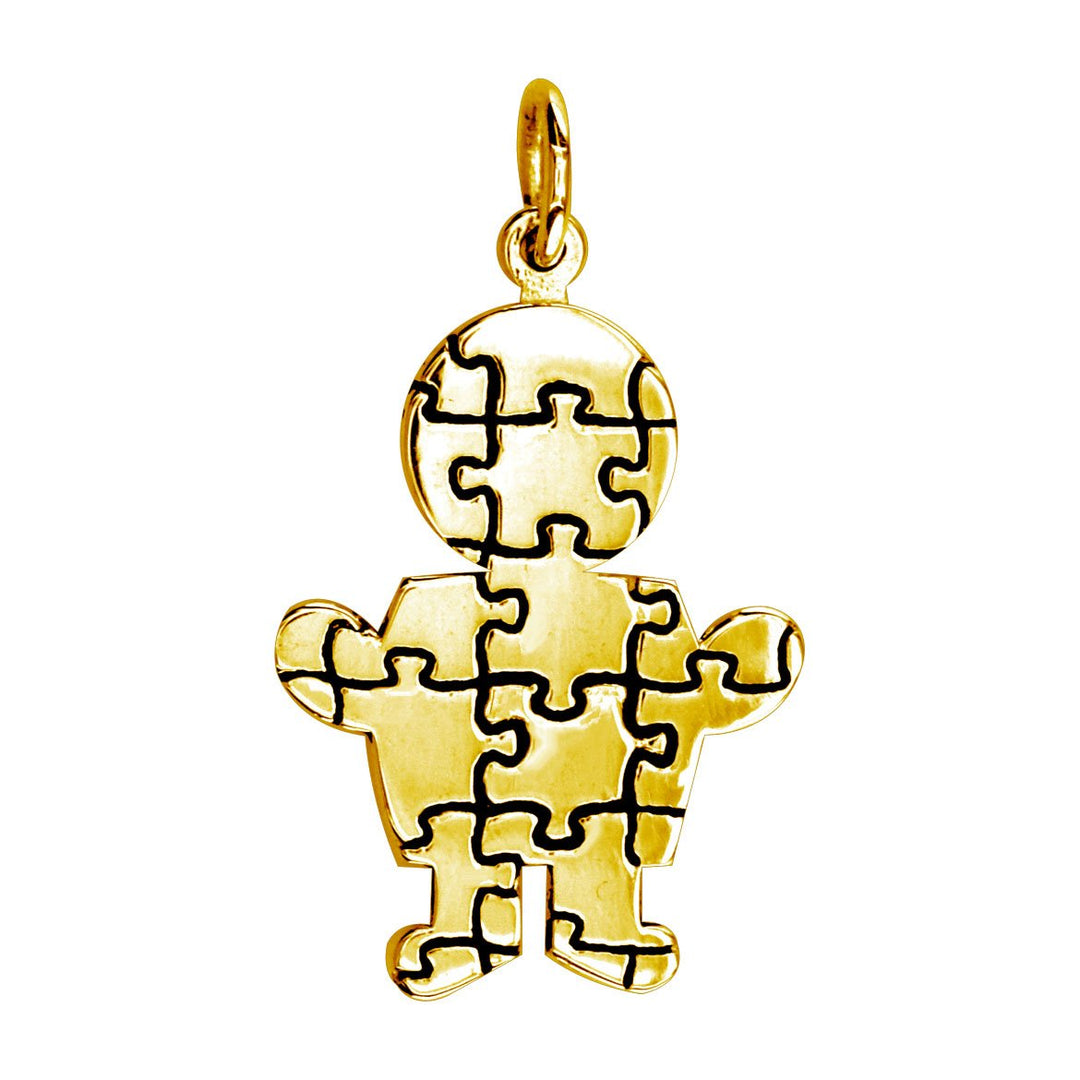 Large Autism Awareness Puzzle Boy Charm in 14K Yellow Gold