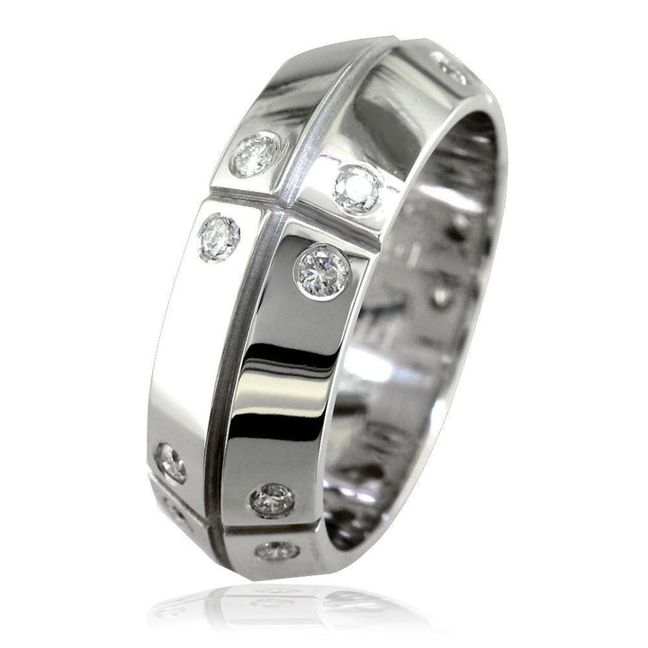 Mens Slanted Top Wedding Band with Lines and Diamonds, 0.75CT in 14K White Gold