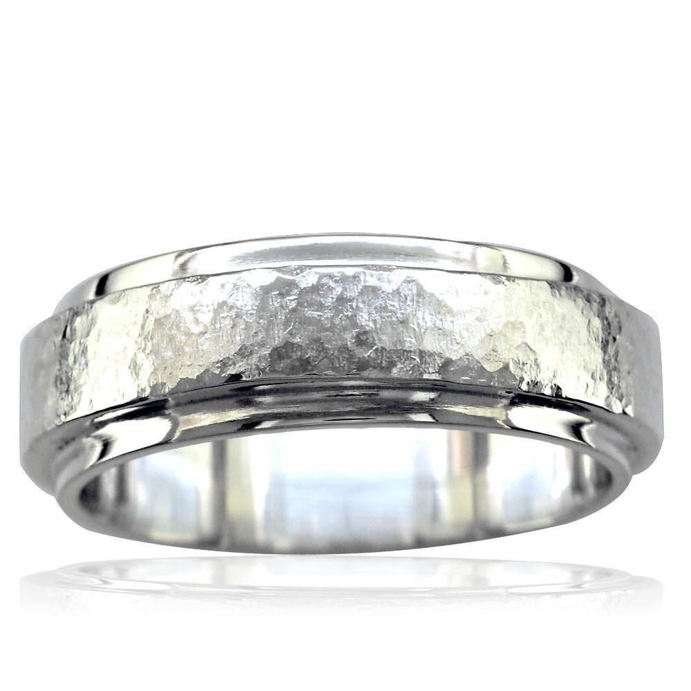 Mens Hammered Flat Edge Wedding Band in Sterling Silver